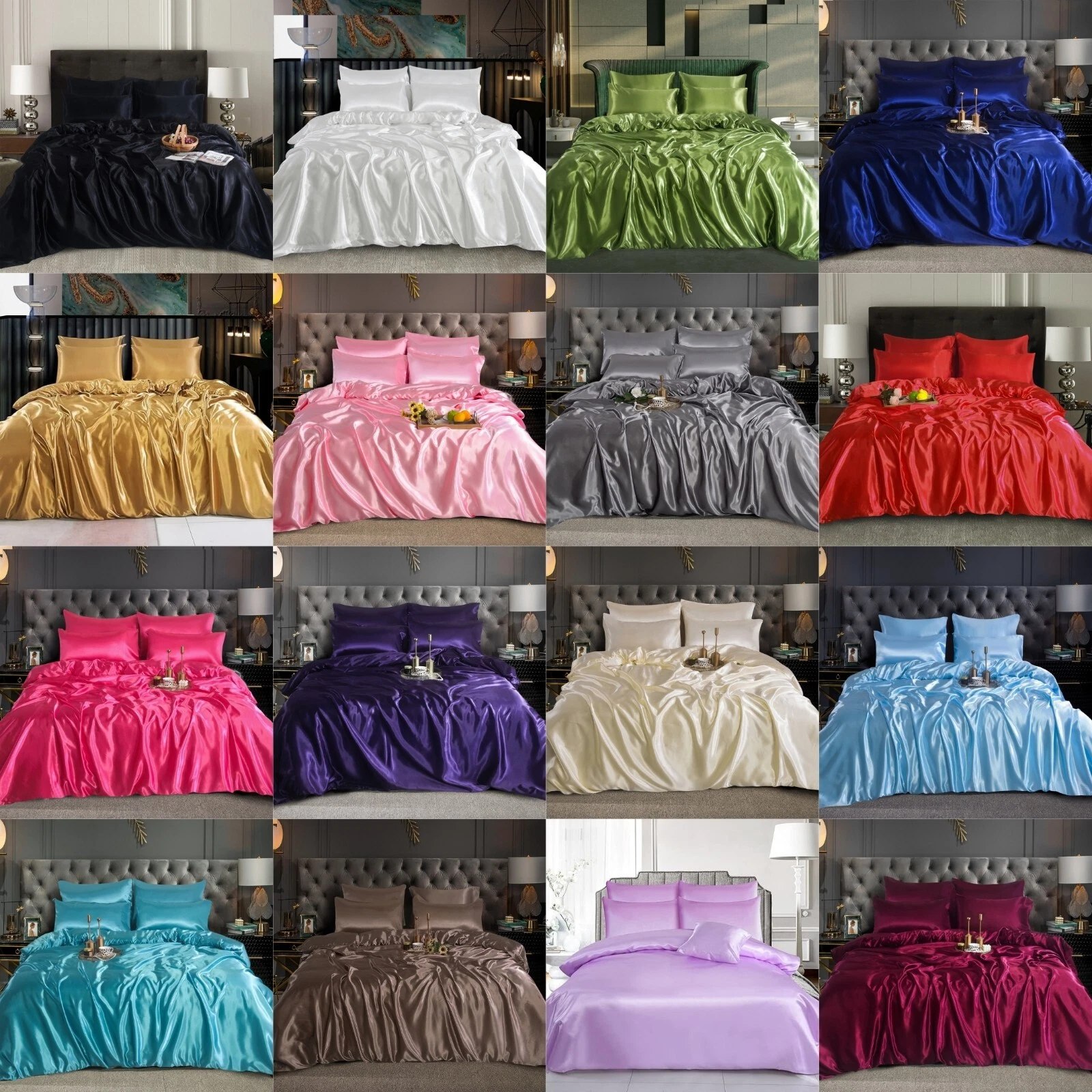 6 PCS SATIN SILK BEDDING SET DUVET COVER FITTED SH